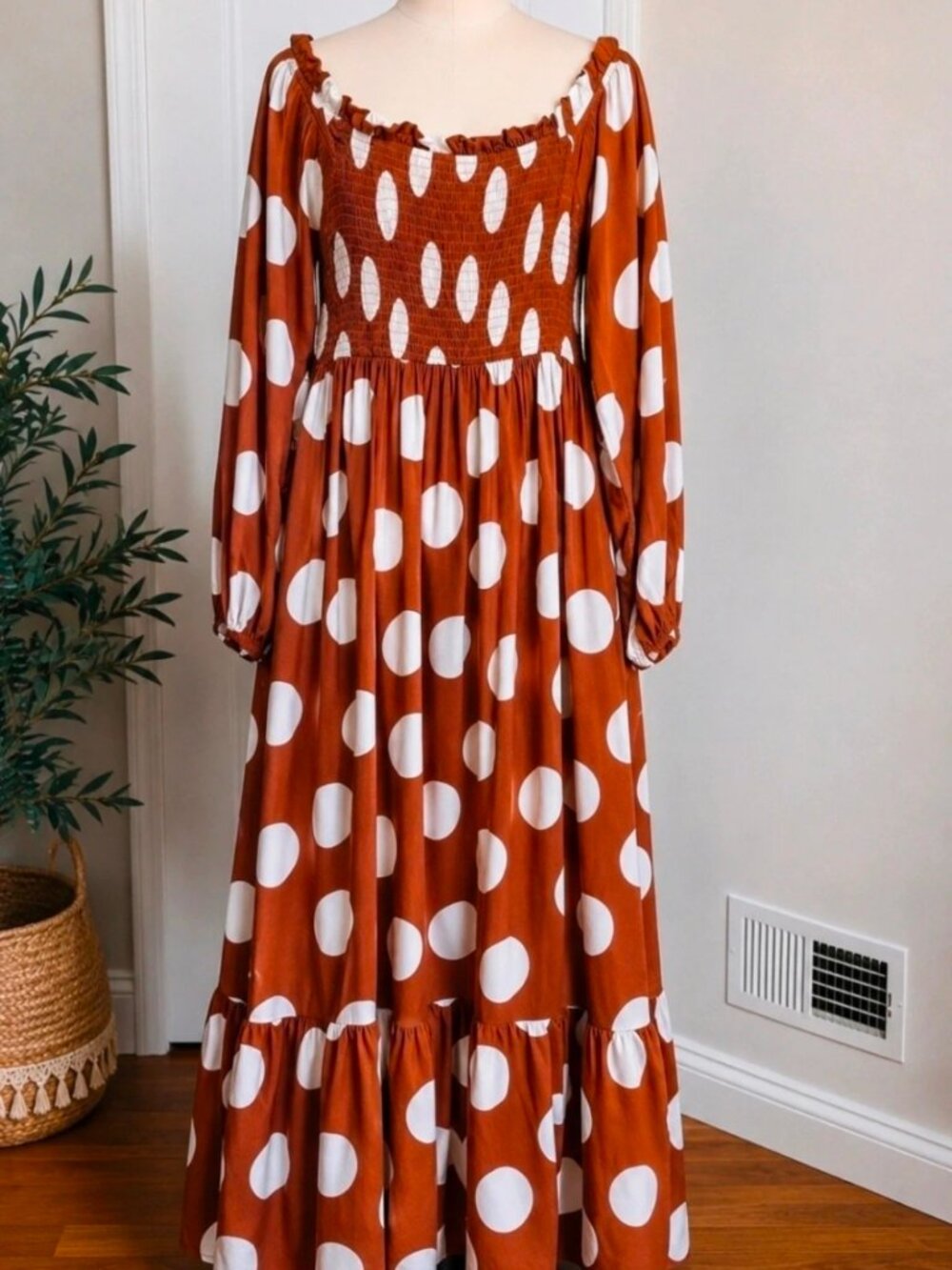Caitlin Covington x Pink Lily Rust Polka Dot Smocked Maxi Dress L